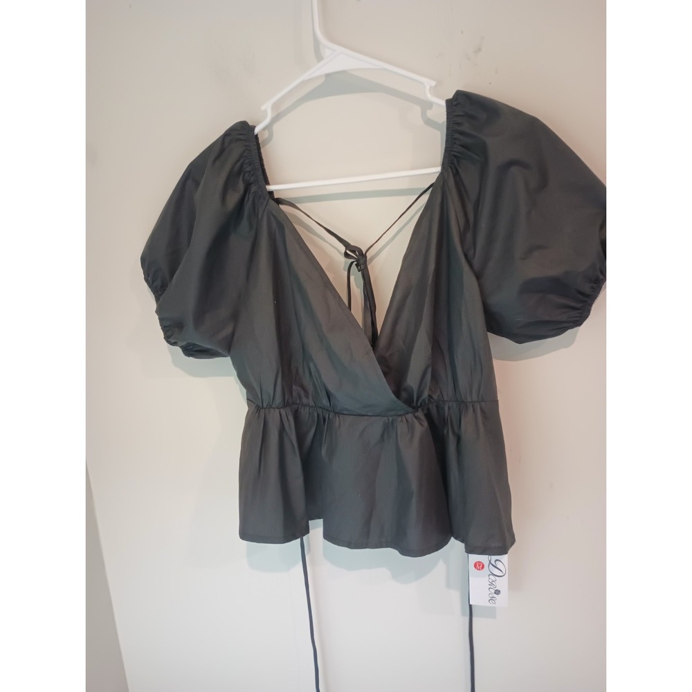 NWT Dorose Black Puff Sleeve Wrap Top Medium Coquette Cottagecore Peplum Tie...